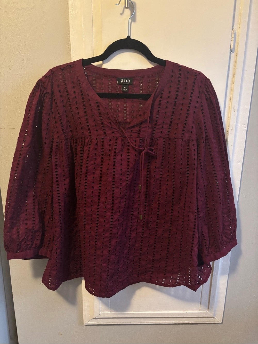 a.n.a Plum Eyelet Tie-Neck Peasant Top